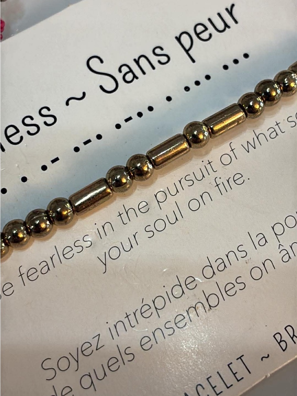 Fearless Gold Morse Code Bracelet with Pink Cord - Picture 2 of 3